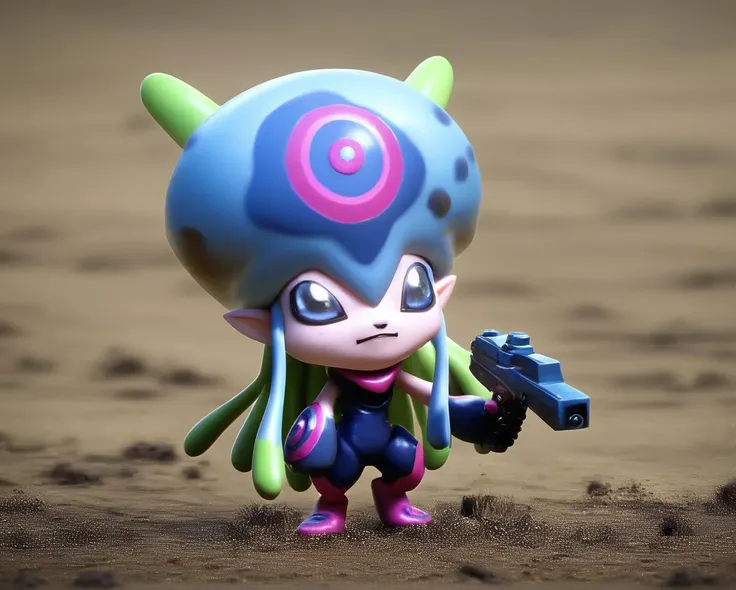 score_9, score_8_up, score_7_up, score_6_up, score_5_up, score_4_up, rating_safe,source 3d, a chibi jellymon holding a gun and standing in a muddy field, <lora:JellymonPony2:0.9>