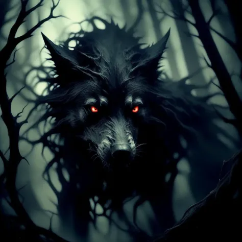 wyrmterro demonic wolf in forest, darkness<lora:wyrmterro:0.8>