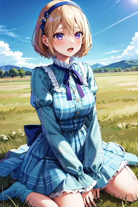 masterpiece, best quality, highres, us1, blonde hair, purple eyes, hairband, long sleeves, blue hairband, blue dress, frills, shirt, neck ribbon, blue ribbon, plaid, <lora:umino_sachi_v1:0.7>, cowboy shot, wariza, open mouth, grass, field, sky