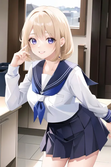 masterpiece, best quality, highres, us1, blonde hair, purple eyes, school uniform, white shirt, blue skirt, neckerchief, white socks, pleated skirt, long sleeves, <lora:umino_sachi_v1:0.7>, evil smile, leaning forward, looking at viewer