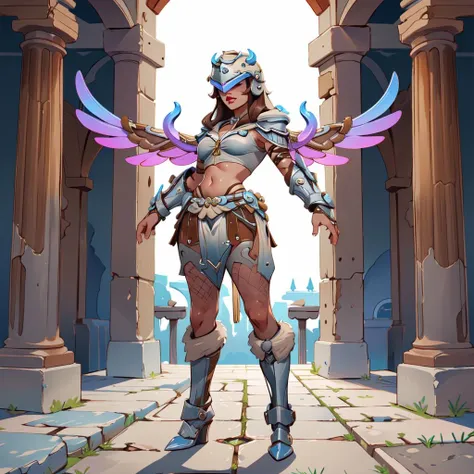 NemesisSmite, <lora:NemesisSmite-000006:0.8>, ((hood)), brown hair, helmet,
1girl,solo, thick thighs, long hair, large breasts, navel, standing, full body, boots, midriff, armor, lips, shoulder armor, facing viewer, pauldrons, vambraces, bikini armor
fishnets, covered eyes, small wings,
greek arena, greek architecture,