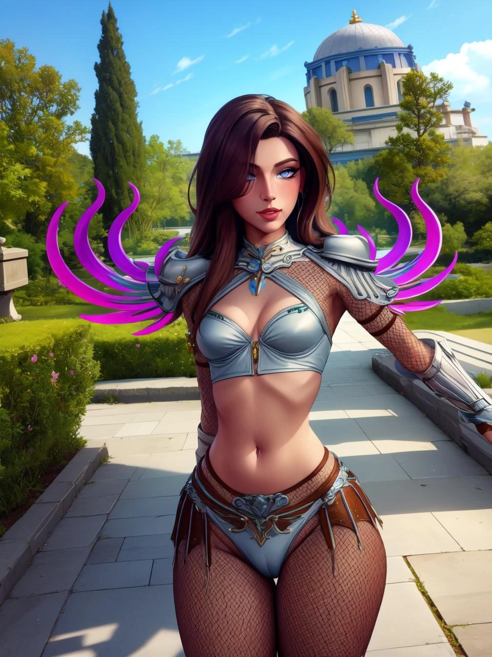 NemesisSmite, <lora:NemesisSmite-000007:0.8>, brown hair, bangs, blind, no pupils
1girl,solo, thick thighs, long hair, large breasts, navel, standing,upper body, boots, midriff, armor, lips, shoulder armor, facing viewer, pauldrons, vambraces, bikini armor
fishnets, covered eyes, small wings, Libra Scales,
greek arena, greek architecture,