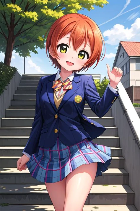 masterpiece,ultra detail,best quality,1girl, hoshizora_rin_lovelive <lora:hoshizora_rin_lovelive:0.7>,stylish pose,smile,school,stair,outdoor,blue plaid skirt,blue blazer,from back