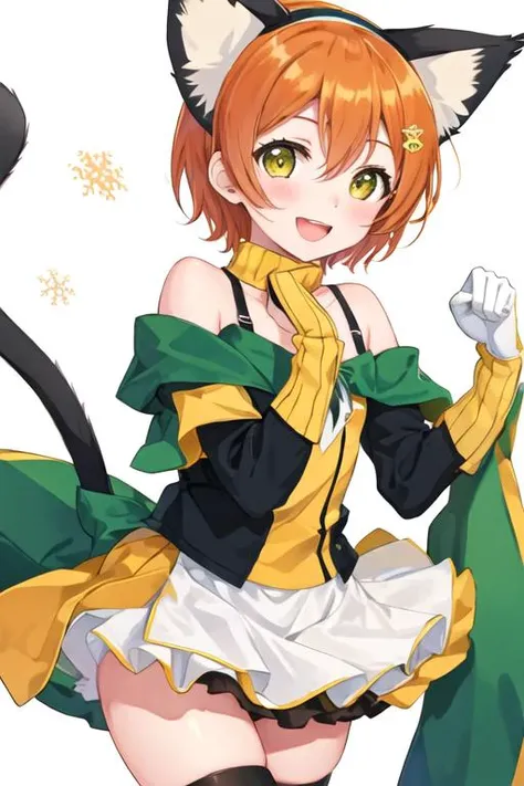 best quality, masterpiece, highres, solo, {hoshizora_rin_lovelive:1.15}, short_hair, orange_hair, smile, yellow_eyes, blush, open_mouth, green_eyes, hair_ornament, 1girl, :d, animal_ears, cat_ears, cat_tail, kemonomimi_mode, looking_at_viewer, paw_pose, tail, bare_shoulders, snowflakes, white_background