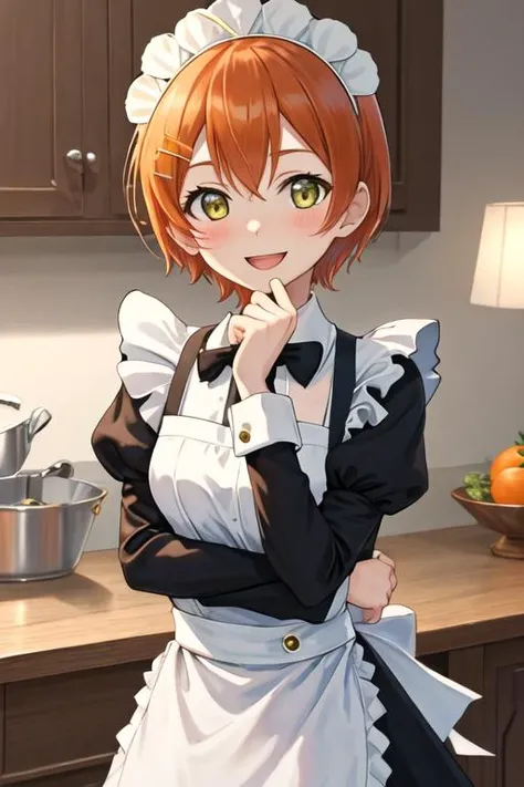 best quality, masterpiece, highres, solo, {maid:1.40}, {long maid dress:1.15}, {hoshizora_rin_lovelive:1.15}, short_hair, orange_hair, smile, yellow_eyes, blush, open_mouth, green_eyes, hair_ornament