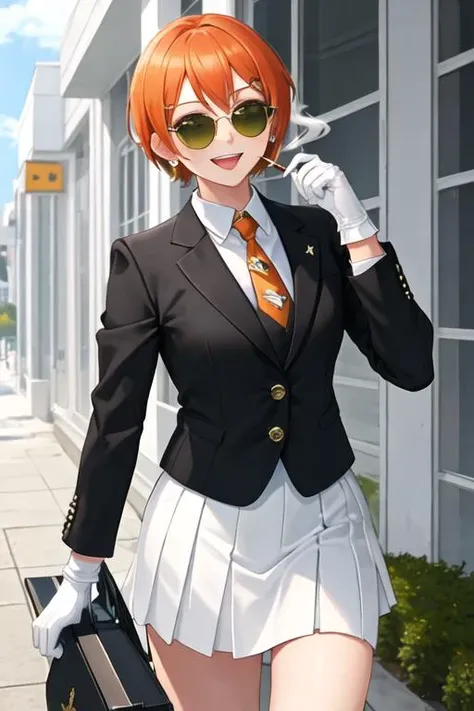 best quality, masterpiece, highres, solo, {black business suit:1.40}, {tie:1.20}, {sunglasses:1.25}, {white gloves:1.15}, {white shirt:1.10}, {black skirt:1.15}, {smoking:1.20}, handsome, {koizumi_hanayo_lovelive:1.15}, short_hair, brown_hair, purple_eyes, smile, blush, open_mouth, hair_ornament