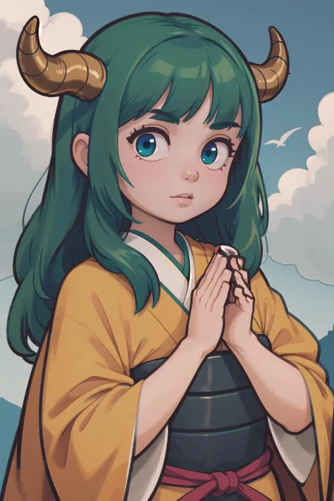 woman, (masterpiece, best_quality, ultra-detailed, immaculate:1.3), epic, illustration, 1girl, close-up portrait, fierce post apocalyptic amazon archertoned, armor, , muted ginger hair, pixie cutleather cloak, yoga, japanese, in the exciting, scenic clouds, on a ledge, bombshell hair, green hair with blue highlights, Choppy Layers,curly hair, horns pose<lyco:EnvyCuteMix10:1>