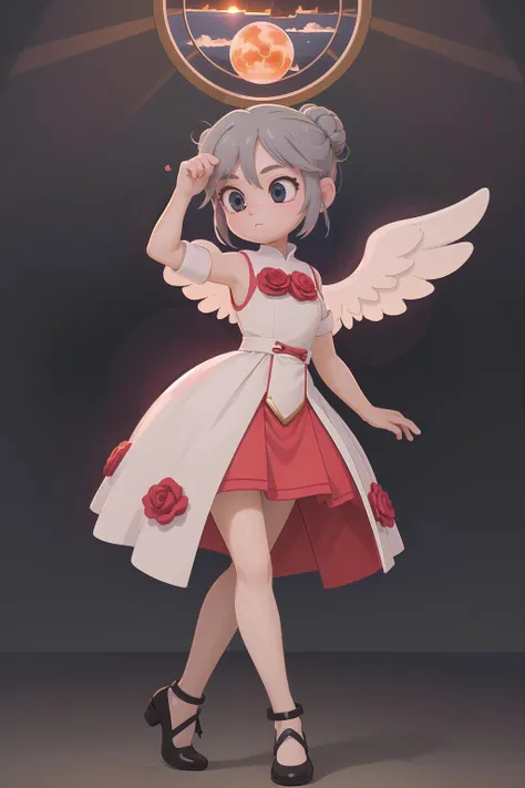 woman, (masterpiece, best_quality, ultra-detailed, immaculate:1.3), epic, illustration, 1girl, (acclaimed Hydrogen:1.3) angel, full body, [:formal costume design,:0.2], official art, caucasian, dramatic sunset lighting , at a  concert, bombshell hair, gray hair, Rose Bun,hair rings, dorsiflexion<lyco:EnvyCuteMix10:1>