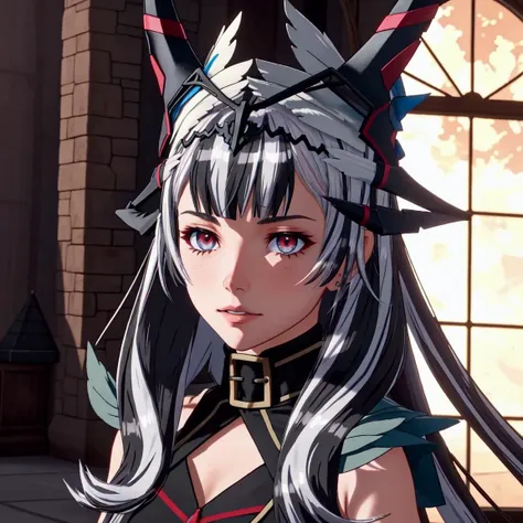 VeyleEvil, Veyle \(fire emblem\), Veyle \(Fire Emblem Engage\), 1girl, red eyes, black hair, multicolored hair, candle, solo, bangs, grey hair, closed mouth, streaked hair, indoors, two-tone hair, long hair BREAK Confused, Whirlwind of leaves, Kneeling down BREAK Microgeometry, skin elasticity, light scattering through hair, ambient occlusion, multi-layer skin shading, facial muscle simulation, iris and pupil rendering, advanced color grading