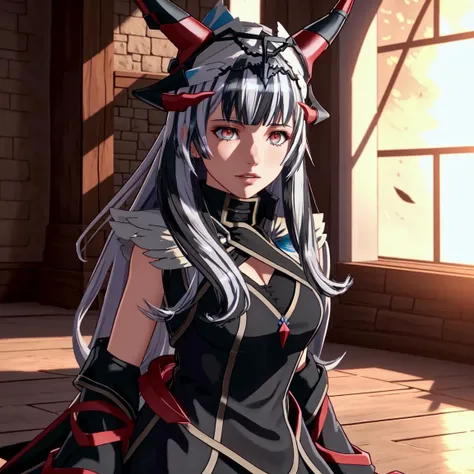 VeyleEvil, Veyle \(fire emblem\), Veyle \(Fire Emblem Engage\), 1girl, red eyes, black hair, multicolored hair, candle, solo, bangs, grey hair, closed mouth, streaked hair, indoors, two-tone hair, long hair BREAK Confused, Whirlwind of leaves, Kneeling down BREAK Microgeometry, skin elasticity, light scattering through hair, ambient occlusion, multi-layer skin shading, facial muscle simulation, iris and pupil rendering, advanced color grading