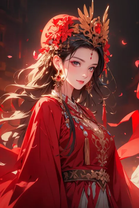 realistic, photorealistic, best quality, masterpiece, ultra high res, finely detailed, quality, realistic lighting, detailed skin, intricate details, raw photo, absurdres, highres, ultra detailed, BREAK, 1girl, solo, looking at viewer, 18 years old, hand of Guido Daniele, (petals, falling petals, dress, hair ornament, red dress, chinese clothes, bracelet, long sleeves, red eyes, braid, forehead mark, solo focus, jewelry, ponytail, plains, surrounded by flowers, flowerfield background, spider lily flowerfield, white hair, wavy hair, night, red details, red theme, standing, outdoors, atmospheric, panorama, giant red moon on the sky, blurry background, blurry foreground, cowboy shot, dynamic angle, from below, earrings, long hair, blurry, outdoors, smile, blush), (beautifu and aesthetic face, detailed face, clean facial features, an extremely delicate and beautiful, beautiful detailed eyes, stars in the eyes, Pink lips, Glowing Eyes, perfect face, detailed pupils, Makeup:1.1), (nice hands, sexy, slim, large breasts, skinny, narrow waist, human anatomy:1.1), (detailed light, beautiful detailed glow, detailed background:1.1), (reflection, refraction, Rembrandt lighting, diffuse lighting, radiosity, photon mapping, subsurface scattering, dynamic lighting, Multi-exposure HDR capture, Screen Space Global Illumination, Ray Tracing, Lumen Reflections, Tone Mapping, volumetric lighting, Circular polarizer, broad lighting, dramatic lighting:1.1), BREAK, explosive light and shadow, sharp focus, film grain, rim lighting, two tone lighting, rim light, Overdetailed art, official art, beautiful and aesthetic, beautiful, elegant, vivid colours, warm tone, soft light, delicate, Ultrarealistic, Detailed illustration, extremely detailed CG Unity 8k wallpaper, PBR Texturing, huge filesize, 8k uhd, octane render, unreal engine 5, BREAK, <lora:GoodHands-beta2:1>, <lora:æ°¸ä¸ä¸¨å¤å éå¸_v1.0:0.6>