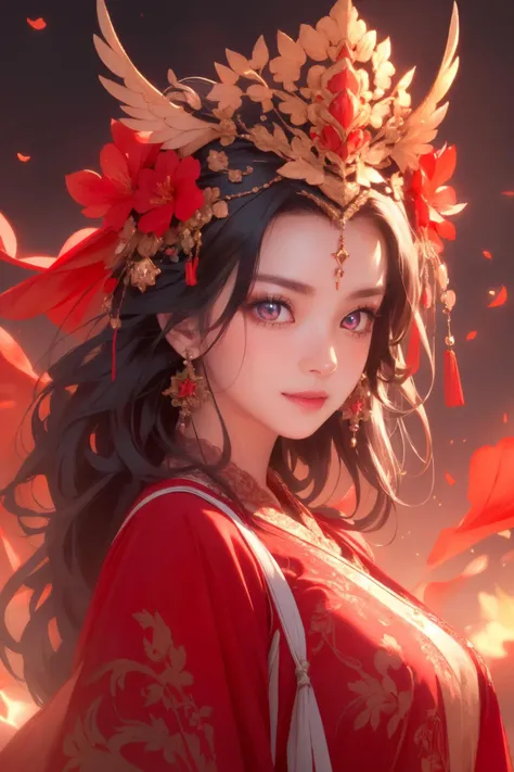 realistic, photorealistic, best quality, masterpiece, ultra high res, finely detailed, quality, realistic lighting, detailed skin, intricate details, raw photo, absurdres, highres, ultra detailed, BREAK, 1girl, solo, looking at viewer, 18 years old, hand of Guido Daniele, (petals, falling petals, dress, hair ornament, red dress, chinese clothes, bracelet, long sleeves, red eyes, braid, forehead mark, solo focus, jewelry, ponytail, plains, surrounded by flowers, flowerfield background, spider lily flowerfield, white hair, wavy hair, night, red details, red theme, standing, outdoors, atmospheric, panorama, giant red moon on the sky, blurry background, blurry foreground, cowboy shot, dynamic angle, from below, earrings, long hair, blurry, outdoors, smile, blush), (beautifu and aesthetic face, detailed face, clean facial features, an extremely delicate and beautiful, beautiful detailed eyes, stars in the eyes, Pink lips, Glowing Eyes, perfect face, detailed pupils, Makeup:1.1), (nice hands, sexy, slim, large breasts, skinny, narrow waist, human anatomy:1.1), (detailed light, beautiful detailed glow, detailed background:1.1), (reflection, refraction, Rembrandt lighting, diffuse lighting, radiosity, photon mapping, subsurface scattering, dynamic lighting, Multi-exposure HDR capture, Screen Space Global Illumination, Ray Tracing, Lumen Reflections, Tone Mapping, volumetric lighting, Circular polarizer, broad lighting, dramatic lighting:1.1), BREAK, explosive light and shadow, sharp focus, film grain, rim lighting, two tone lighting, rim light, Overdetailed art, official art, beautiful and aesthetic, beautiful, elegant, vivid colours, warm tone, soft light, delicate, Ultrarealistic, Detailed illustration, extremely detailed CG Unity 8k wallpaper, PBR Texturing, huge filesize, 8k uhd, octane render, unreal engine 5, BREAK, <lora:GoodHands-beta2:1>, <lora:æ°¸ä¸ä¸¨å¤å éå¸_v1.0:0.6>