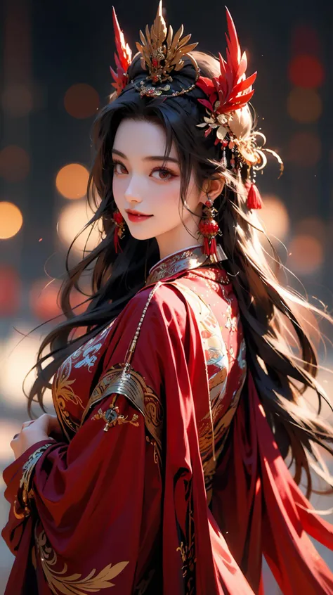 1girl, jewelry, earrings, solo, long hair, hair ornament, looking back, looking at viewer, red dress, black hair, upper body, closed mouth, blurry, dress, tassel, brown hair, feathers, from behind, chinese clothes, tassel earrings<lora:å¤å éå¸:0.6>,smile,
