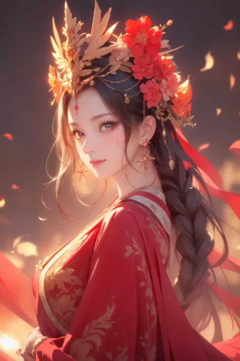 realistic, photorealistic, best quality, masterpiece, ultra high res, finely detailed, quality, realistic lighting, detailed skin, intricate details, raw photo, absurdres, highres, ultra detailed, BREAK, 1girl, solo, looking at viewer, 18 years old, hand of Guido Daniele, (petals, falling petals, dress, hair ornament, red dress, chinese clothes, bracelet, long sleeves, red eyes, braid, forehead mark, solo focus, jewelry, ponytail, plains, surrounded by flowers, flowerfield background, spider lily flowerfield, white hair, wavy hair, night, red details, red theme, standing, outdoors, atmospheric, panorama, giant red moon on the sky, blurry background, blurry foreground, cowboy shot, dynamic angle, from below, earrings, long hair, blurry, outdoors, smile, blush), (beautifu and aesthetic face, detailed face, clean facial features, an extremely delicate and beautiful, beautiful detailed eyes, stars in the eyes, Pink lips, Glowing Eyes, perfect face, detailed pupils, Makeup:1.1), (nice hands, sexy, slim, large breasts, skinny, narrow waist, human anatomy:1.1), (detailed light, beautiful detailed glow, detailed background:1.1), (reflection, refraction, Rembrandt lighting, diffuse lighting, radiosity, photon mapping, subsurface scattering, dynamic lighting, Multi-exposure HDR capture, Screen Space Global Illumination, Ray Tracing, Lumen Reflections, Tone Mapping, volumetric lighting, Circular polarizer, broad lighting, dramatic lighting:1.1), BREAK, explosive light and shadow, sharp focus, film grain, rim lighting, two tone lighting, rim light, Overdetailed art, official art, beautiful and aesthetic, beautiful, elegant, vivid colours, warm tone, soft light, delicate, Ultrarealistic, Detailed illustration, extremely detailed CG Unity 8k wallpaper, PBR Texturing, huge filesize, 8k uhd, octane render, unreal engine 5, BREAK, <lora:GoodHands-beta2:1>, <lora:æ°¸ä¸ä¸¨å¤å éå¸_v1.0:0.6>