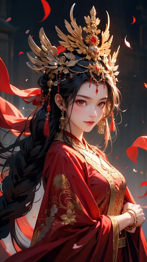 1girl, solo, long hair, petals, falling petals, jewelry, dress, hair ornament, red dress, chinese clothes, black hair, bracelet, long sleeves, red eyes, braid, forehead mark, closed mouth, looking at viewer, facial mark<lora:å¤å éå¸:0.6>,smile,pretty face,exquisite facial features,