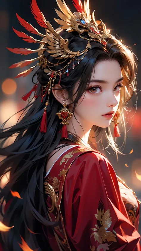 1girl,jewelry,earrings,solo,long hair,hair ornament,looking back,looking at viewer,red dress,black hair,upper body,closed mouth,blurry,dress,tassel,brown hair,feathers,from behind,chinese clothes,tassel earrings,<lora:å¤å éå¸:0.6>,disgust,