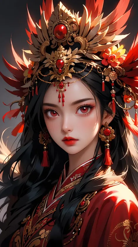 1 heroine, one beautiful princess, In the Dark: 1.6), Surreal Female Portraits by David Hockney and Alphonse Mucha, Fantasy art, Korean Doll, Photorealism, Dynamic Lighting, Art Station, Poster, Volumetric lighting, Highly detailed face, 8K Ultra, whole body, Awards, In the Dark, Deep Shadow, Modest, Cowboy Lens, (Red Phoenix Dress: 1.4), Long Hair, Black Hair, bust, Luxury palace, Royal Style, Princess Crown, Big round black eyes, Style Royal, The most beautiful face, Large and normal breasts, Ultra-realistic,