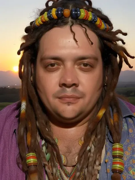 photo of man (mattioli:1), face centered, hippie at abandoned place, covered in mud, long hair with ((colorful beads and dreads)), dirty face, finely detailed eyes, award winning photography, sunset time, bright, high detail, 8k, <lora:mattioli:1>