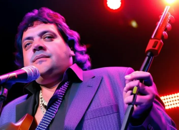 portrait photo of sks man (mattioli:1) with a microphone in the hand, high detailed face, high quality photo, over the stage with neon lights in the background, 8k <lora:mattioli:1>