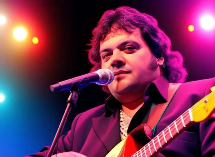portrait photo of sks man (mattioli:1) with a microphone in the hand, high detailed face, high quality photo, over the stage with neon lights in the background, 8k <lora:mattioli:1>