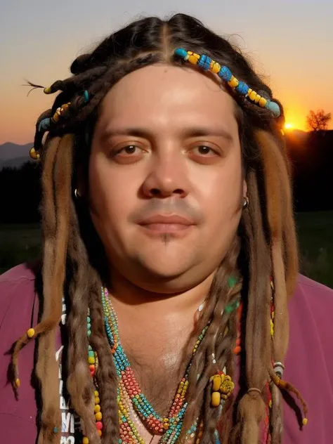 photo of man (mattioli:1), face centered, hippie at abandoned place, covered in mud, long hair with ((colorful beads and dreads)), dirty face, finely detailed eyes, award winning photography, sunset time, bright, high detail, 8k, <lora:mattioli:1>
