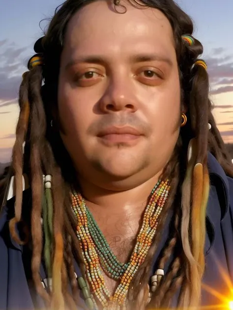photo of man (mattioli:1), face centered, hippie at abandoned place, covered in mud, long hair with ((colorful beads and dreads)), dirty face, finely detailed eyes, award winning photography, sunset time, bright, high detail, 8k,            <lora:mattioli:1>