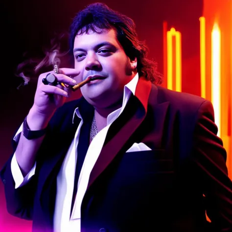 portrait sks man (mattioli:1) singing, medium body, smoking a cigar, a night in the street, high detailed, hyperealistic, 8k, neon lights, haze, mist, fog in the air <lyco:locon_perfecteyes_v1_from_v1_64_32:0.6> <lora:mattioli:1>