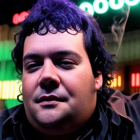 portrait sks man (mattioli:1) singing, medium body, smoking a cigar, a night in the street, high detailed, hyperealistic, 8k, neon lights, haze, mist, fog in the air <lyco:locon_perfecteyes_v1_from_v1_64_32:0.6> <lora:mattioli:1>