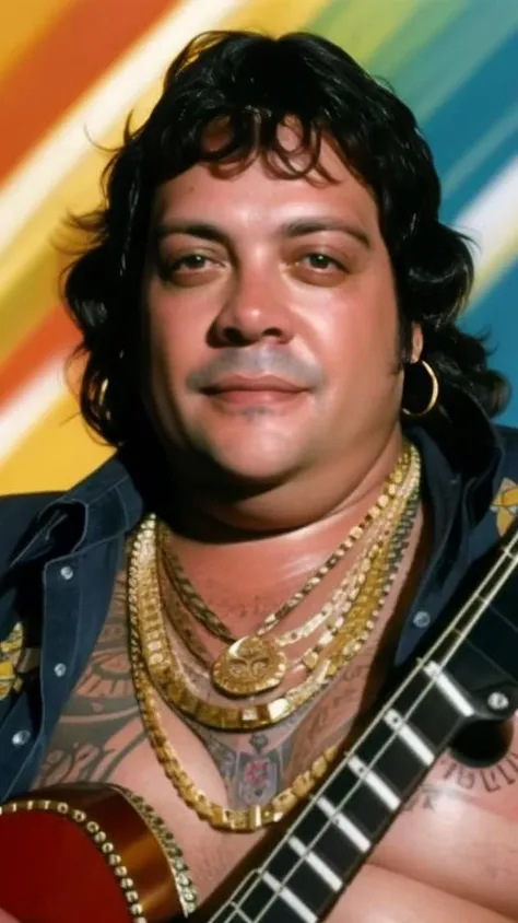 portrait of sks man (mattioli:1) with tattoos like a hippie from the 70s, high detailed, high quality, (master piece), 4k, 8k, <lora:mattioli:1>