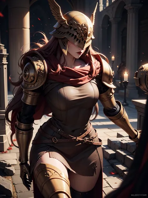 RAW photo, (high detailed skin:1.2), intricate details, best quality, 8k uhd, soft lighting, 1girl, Malenia, armor, cape, helmet, brown dress, prothestic leg, single mechanical arm, prosthesis <lora:Malenia:1>