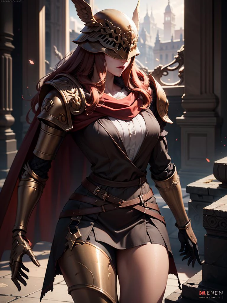 RAW photo, (high detailed skin:1.2), intricate details, best quality, 8k uhd, soft lighting, 1girl, Malenia, armor, cape, helmet, brown dress, prothestic leg, single mechanical arm, prosthesis <lora:Malenia:1>
