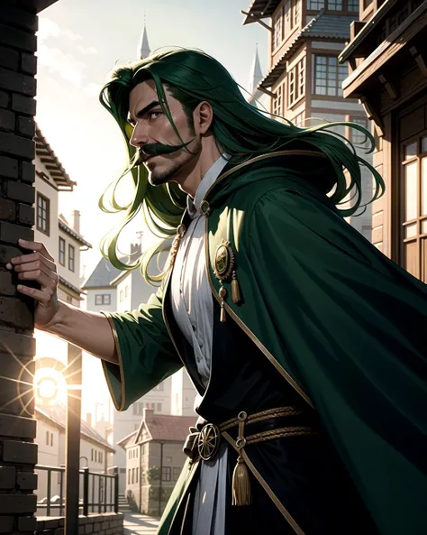 ((masterpiece), best quality, high quality, professional quality, highly detailed, highres, perfect lighting, natural lighting), (1boy, slender, handsome, mustache, long hair, green hair), wearing wizard robes, fighting, in a fantasy town