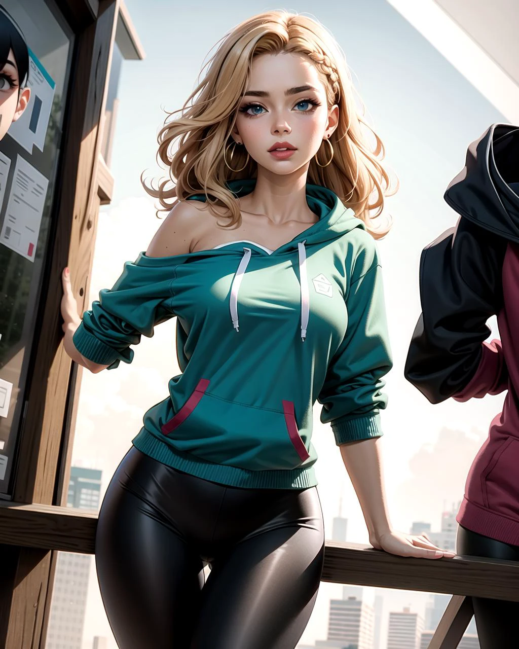 ((masterpiece), best quality, high quality, professional quality, highly detailed, highres, perfect lighting, natural lighting), headstand, yoga tights and off-the-shoulder top, Escort, Short, Narrow Hips, Round Face, Tan Skin, Strawberry Blonde Hair, Brown Eyes with Green Flecks, Short Nose, Pouty Lips, Prominent Chin, Shoulder-Length Hair, Straight Hair, Voluminous Waves, saggy breasts, Clip-on earrings, gloss satin lipstick,Generate a breathtaking, ultra-detailed work of art, (  wearing  Fleece-lined leggings oversized hoodie ), Baroness, Short, Skinny, Square Face, Tan Skin, Strawberry Blonde Hair, light blue Eyes, [[Curved Nose]], Full Lips, Round Chin, Shoulder-Length Hair, Straight Hair, Fishbone Braid, small breasts, Huggie earrings, brown gloss lipstick, Land Art, Impressive, Chaos