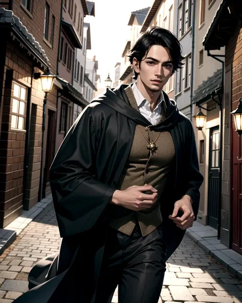 ((masterpiece), best quality, high quality, professional quality, highly detailed, highres, perfect lighting, natural lighting), (1boy, slender, handsome, no facial hair, medium length hair, black hair), wearing wizard robes, running, in a fantasy town