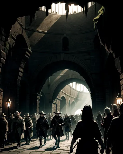 ((masterpiece), best quality, high quality, professional quality, highly detailed, highres, perfect lighting, natural lighting), goblin army, marching, dark cave, weapons drawn, ugly faces, long fangs, wearing ragged clothing, gross, disgusting