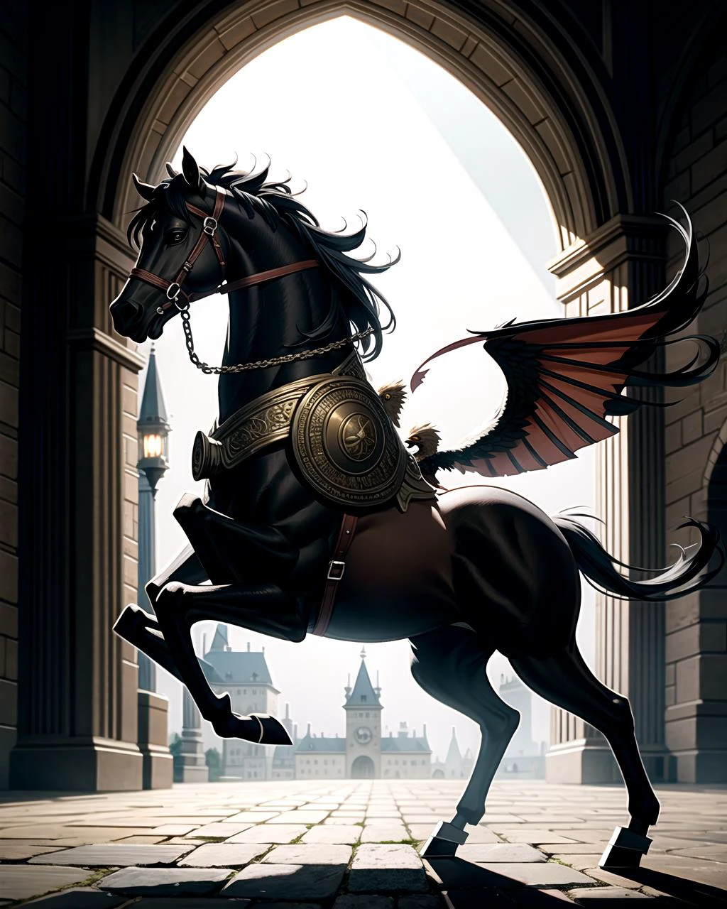 ((masterpiece), best quality, high quality, professional quality, highly detailed, highres, perfect lighting, natural lighting), griffon, galloping, on castle tower