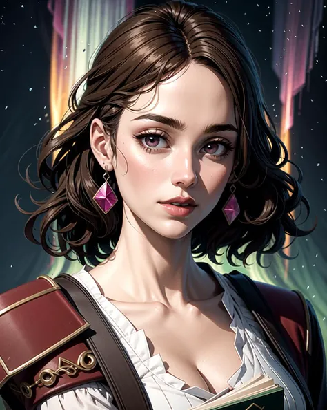 ((masterpiece), best quality, high quality, professional quality, highly detailed, highres, perfect lighting, natural lighting), Craft an incredible, ultra-detailed illustration, Wisdom incarnate, draped in flowing garments and holding a sacred book, Escort, Tall, Athletic, Heart-Shaped Face, Fair Skin, Light Brown Hair, pink Eyes, Long Nose, Thin Lips, Prominent Chin, Shoulder-Length Hair, Curly Hair, Wavy Bob, asymmetrical breasts, Drop earrings, pink matte lipstick, expressionism oil painting, fantastical, Northern Lights, Blur