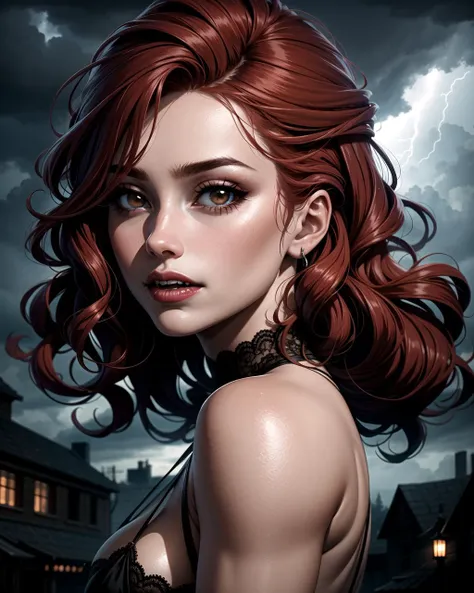 ((masterpiece), best quality, high quality, professional quality, highly detailed, highres, perfect lighting, natural lighting), portrait, eerie, vampire with fangs, Fair Skin, Redhead with half-up half-down style and loose curls, grape gloss lipstick, with a thunderstorm looming in the background