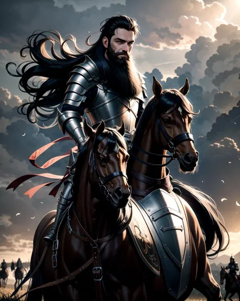 ((masterpiece), best quality, high quality, professional quality, highly detailed, highres, perfect lighting, natural lighting), (1boy, slender, handsome, long beard, long hair, black hair), wearing armor, riding a horse, on a battlefield