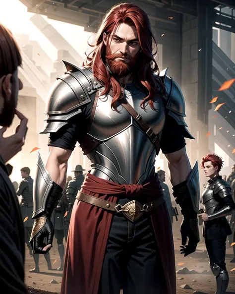 ((masterpiece), best quality, high quality, professional quality, highly detailed, highres, perfect lighting, natural lighting), (1boy, slender, handsome, long beard, short hair, red hair), wearing armor, casting a spell, on a battlefield