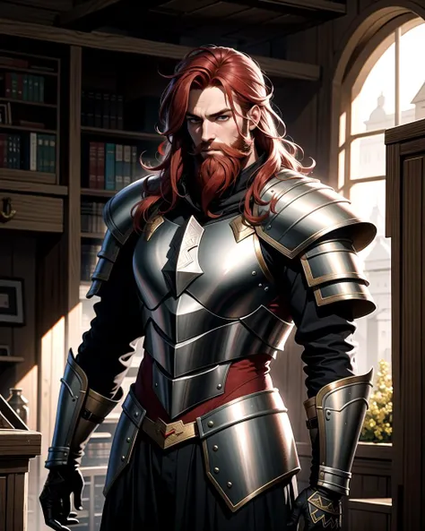 ((masterpiece), best quality, high quality, professional quality, highly detailed, highres, perfect lighting, natural lighting), (1boy, slender, handsome, long beard, short hair, red hair), wearing armor, fighting, in a fantasy town