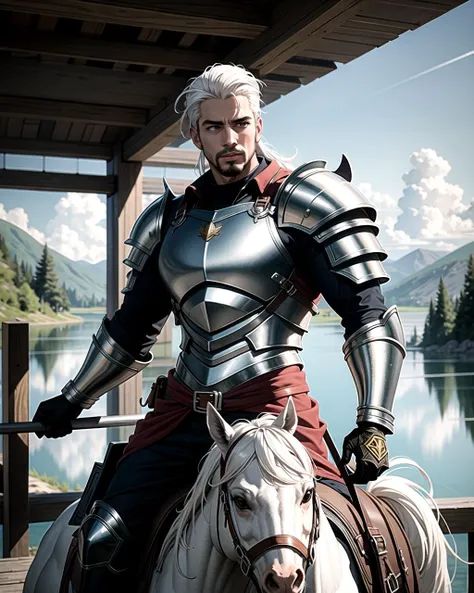 ((masterpiece), best quality, high quality, professional quality, highly detailed, highres, perfect lighting, natural lighting), (1boy, muscular, handsome, goatee, medium length hair, white hair), wearing armor, riding a horse, by a lake