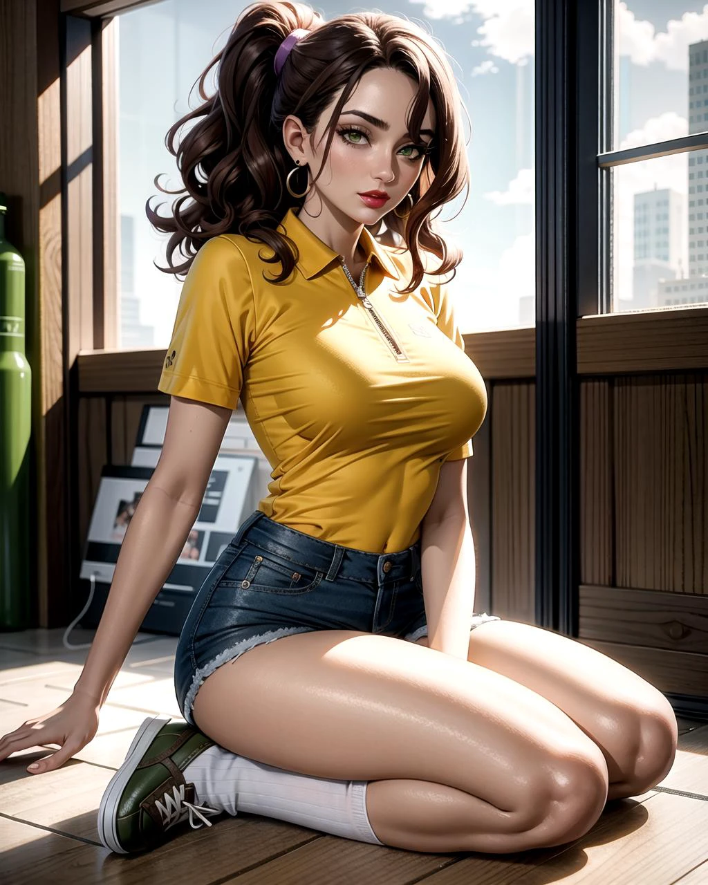 ((masterpiece), best quality, high quality, professional quality, highly detailed, highres, perfect lighting, natural lighting), Generate an incredible, best quality work of art, Lavender Cutout Bodysuit with Zipper, Thin, Square Face, Fair Skin, Straight Nose, Pouty Lips, Sharp Chin, Magenta glossy lipstick, rings, brown Wavy Hair Medium-Length Hair Ponytail, kneeling,Yellow polo shirt, white Bermuda shorts, pastel striped socks, and white canvas sneakers, Heiress, Average Height, Firm, Oval Face, Olive Skin, Chestnut Hair, green Eyes, Wide Nose, Thin Lips, Round Chin, Shoulder-Length Hair, Curly Hair, Long Wavy Hair, large breasts, Cuff earrings, orange satin lipstick, Elegant equestrian center
