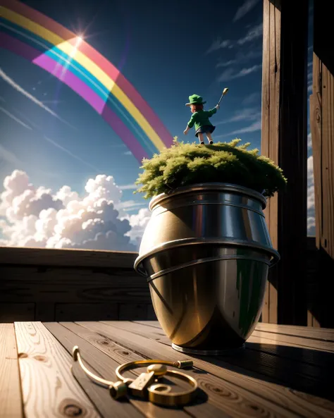 ((masterpiece), best quality, high quality, professional quality, highly detailed, highres, perfect lighting, natural lighting), leprechaun, hopping, on rainbow, holding pot of gold