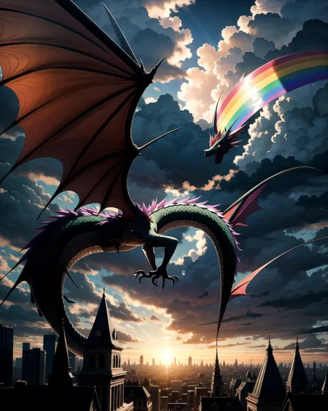 Highest quality,Highest Resolution,１Beautiful girl of the person,up,Fighting a big dragon,Holding a sword,In the sky１rainbow,Ancient City,Fantasy,