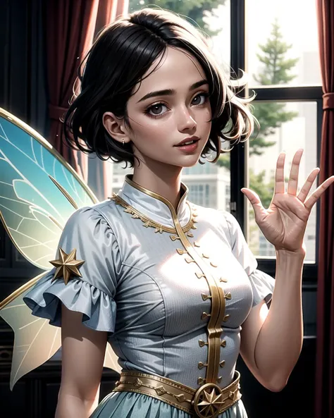 ((masterpiece), best quality, high quality, professional quality, highly detailed, highres, perfect lighting, natural lighting), beautiful, fairy godmother, waving hand, granting a wish, making dreams come true