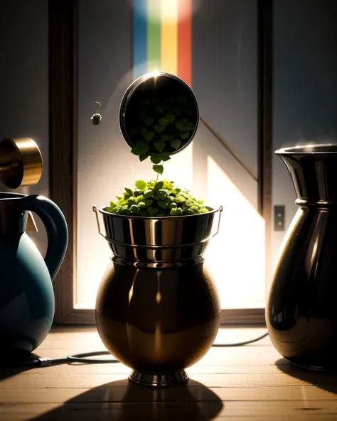 ((masterpiece), best quality, high quality, professional quality, highly detailed, highres, perfect lighting, natural lighting), leprechaun, hopping, on rainbow, holding pot of gold