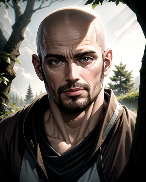 ((masterpiece), best quality, high quality, professional quality, highly detailed, highres, perfect lighting, natural lighting), Ranger Nocking an arrow and taking careful aim, Mentor, Average Height, Obese, Square Face, Tan Skin, Silver Hair, dark brown Eyes, Narrow Nose, Thin Lips, Round Chin, Verdi, Bald, Crew Cut, A dark, foreboding swamp, filled with twisted, gnarled trees and dangerous creatures