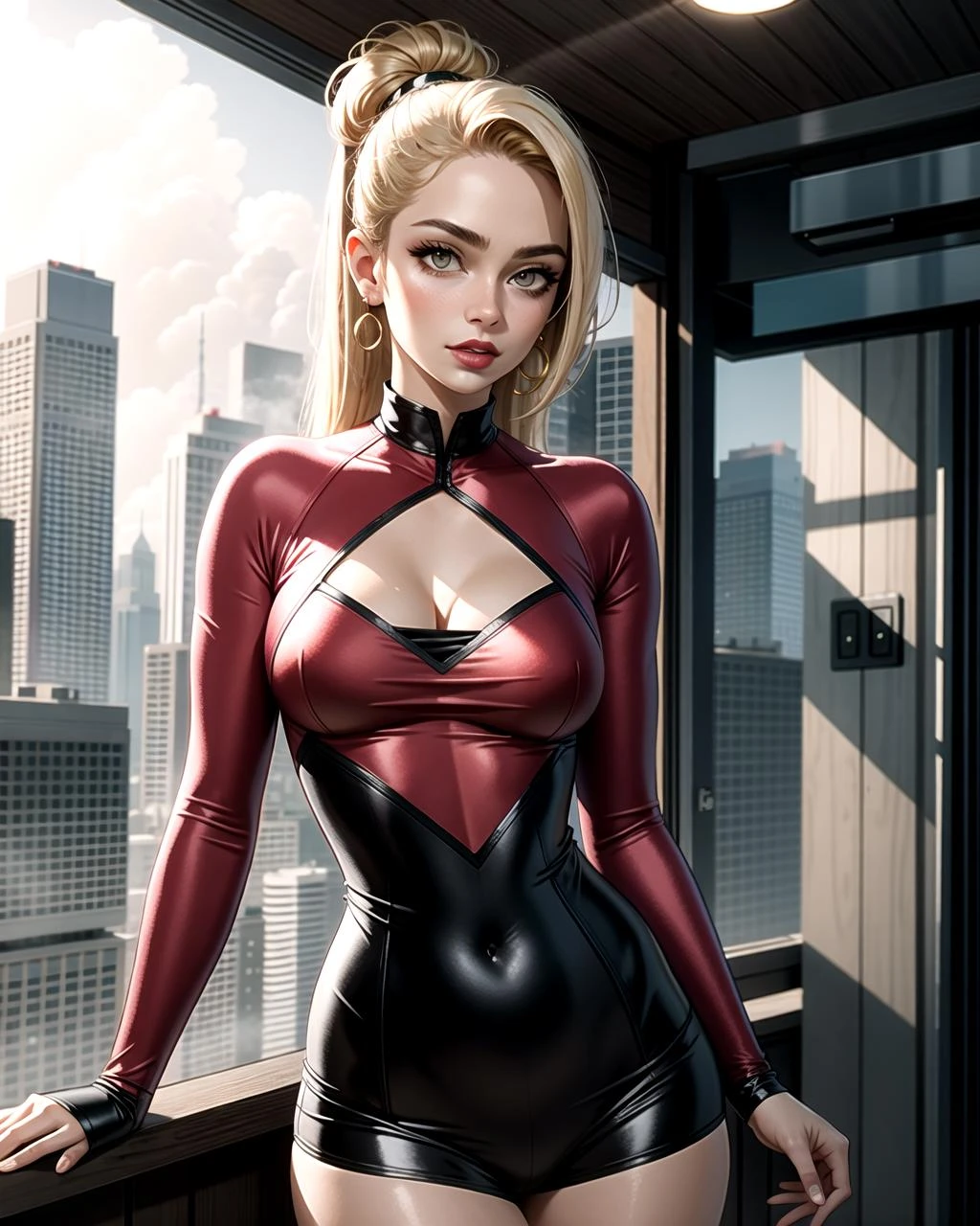 ((masterpiece), best quality, high quality, professional quality, highly detailed, highres, perfect lighting, natural lighting), Spraying in a fine mist, rash guard, Babe, Average Height, Wide Hips, Oval Face, Fair Skin, Golden Blonde Hair, amber Eyes, Straight Nose, Pouty Lips, Sharp Chin, Long Hair, Straight Hair, Messy Bun, soft breasts, Dangle earrings, light pink satin lipstick, Thin film of liquid overlay, Misty harbor view