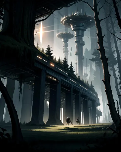 ((masterpiece), best quality, high quality, professional quality, highly detailed, highres, perfect lighting, natural lighting), colossal, gigantic spaceship hangar, A world covered in dense, otherworldly forests, where the trees emit a bioluminescent glow during the long nights., Asteroid Base, minotaur